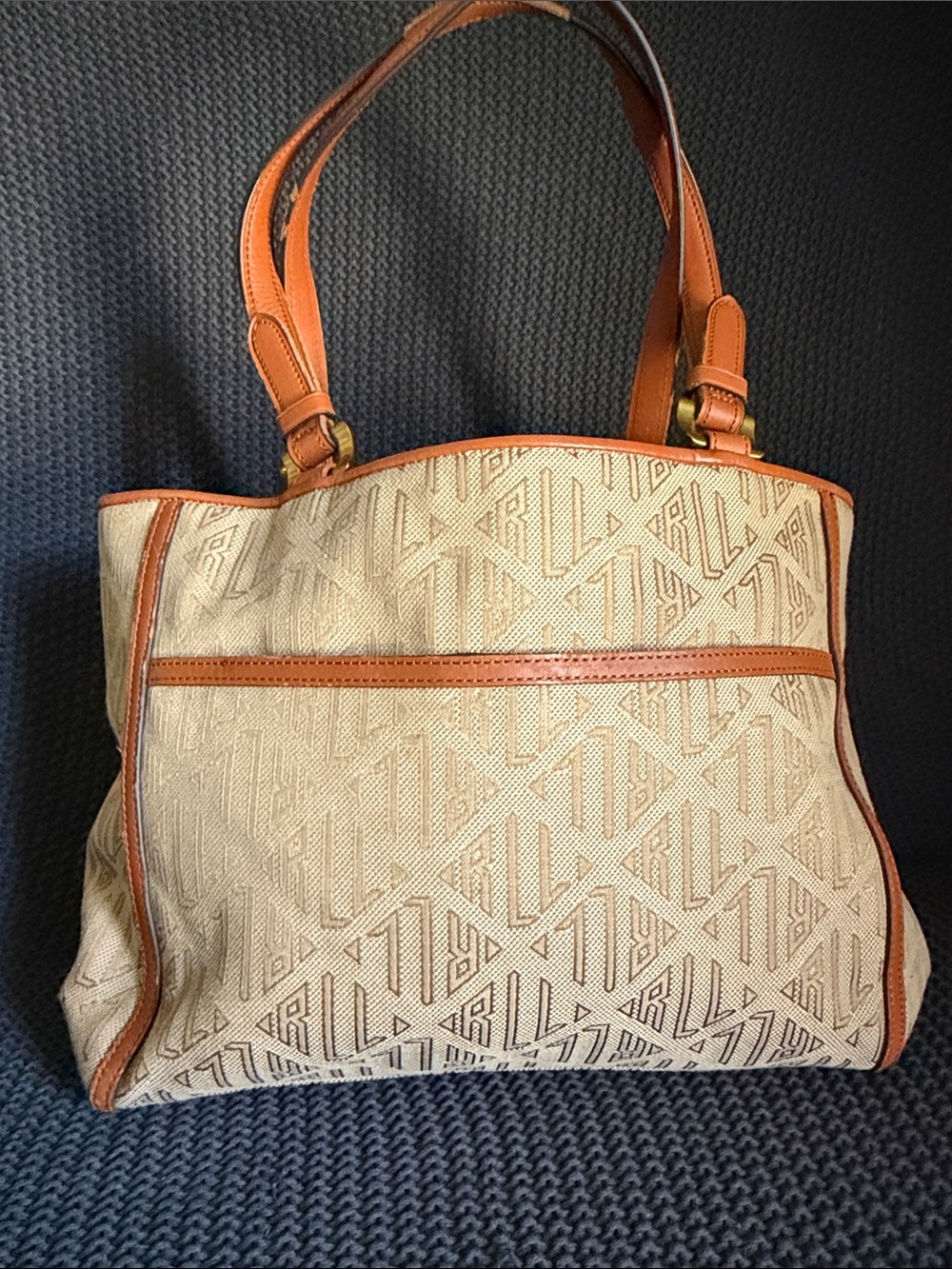 Polo by Ralph Lauren Beige Canvas Tote with light briwn Trim and Gold Hardware - Picture 3 of 12